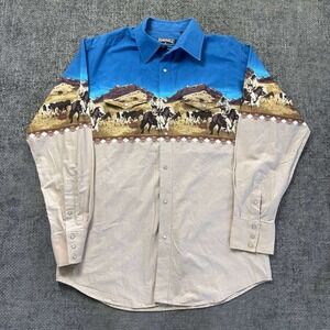 Panhandle Slim Western Snap Shirt Mens L Blue Tan Scenic Cowboy Print